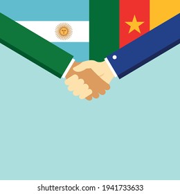 The handshake and two flags Argentina and Cameroon. Flat style vector illustration.