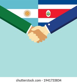The handshake and two flags Argentina and Costa Rica. Flat style vector illustration.