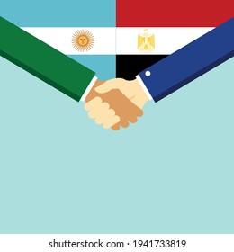 Der Handschlag und zwei Flaggen Argentinien und Ägypten. Flache Vektorgrafik.