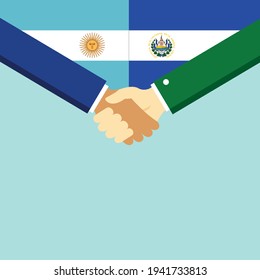 El apretón de manos y dos banderas: Argentina y El Salvador. Ilustración vectorial de estilo plano.