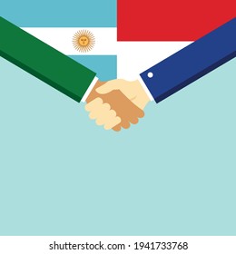 The handshake and two flags Argentina and Indonesia. Flat style vector illustration.