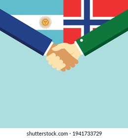 The handshake and two flags Argentina and Norway. Flat style vector illustration.