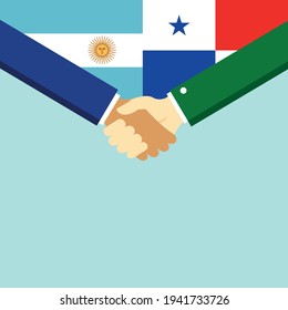 Der Handschlag und zwei Flaggen Argentinien und Panama. Flache Vektorgrafik.