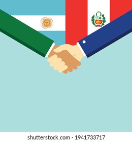 El apretón de manos y dos banderas: Argentina y Perú. Ilustración vectorial de estilo plano.