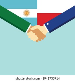 The handshake and two flags Argentina and Poland. Flat style vector illustration.