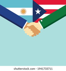 Der Handshake und zwei Flaggen Argentinien und Puerto Rico. Flache Vektorgrafik.