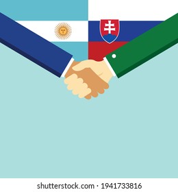 The handshake and two flags Argentina and Slovakia. Flat style vector illustration.