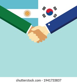 Der Handschlag und zwei Flaggen Argentinien und Südkorea. Flache Vektorgrafik.
