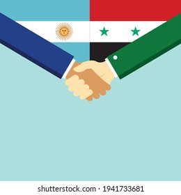 Der Handschlag und zwei Flaggen Argentinien und Syrien. Flache Vektorgrafik.