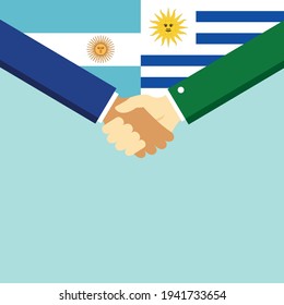 El apretón de manos y dos banderas: Argentina y Uruguay. Ilustración vectorial de estilo plano.