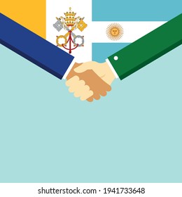 The handshake and two flags Argentina and Vatican. Flat style vector illustration.