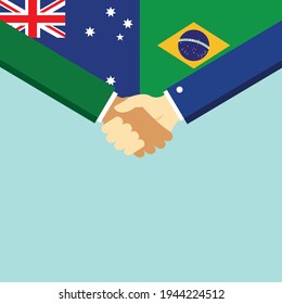 El apretón de manos y dos banderas son Australia y Brasil. Ilustración vectorial de estilo plano.