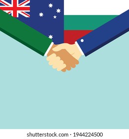 The handshake and two flags Australia and Bulgaria. Flat style vector illustration.