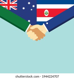 Der Handschlag und zwei Flaggen Australien und Costa Rica. Flache Vektorgrafik.