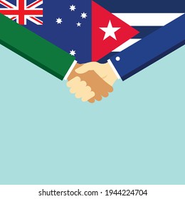 The handshake and two flags Australia and Cuba. Flat style vector illustration.