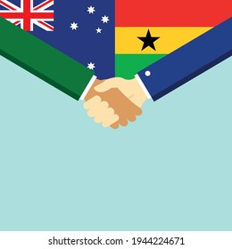 El apretón de manos y dos banderas son Australia y Ghana. Ilustración vectorial de estilo plano.