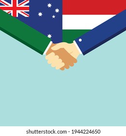 The handshake and two flags Australia and Hungary. Flat style vector illustration.