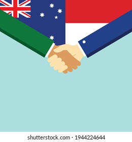 The handshake and two flags Australia and Indonesia. Flat style vector illustration.