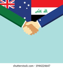 The handshake and two flags Australia and Iraq. Flat style vector illustration.