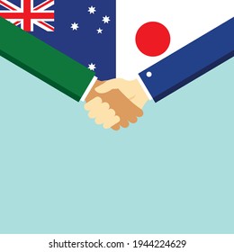 The handshake and two flags Australia and Japan. Flat style vector illustration.