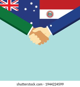 The handshake and two flags Australia and Paraguay. Flat style vector illustration.