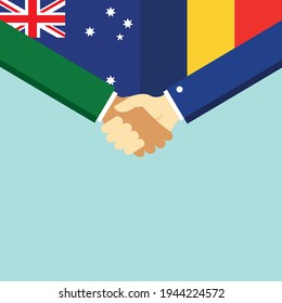 El apretón de manos y dos banderas son Australia y Rumania. Ilustración vectorial de estilo plano.