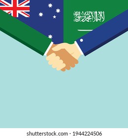 Der Handschlag und zwei Flaggen Australien und Saudi-Arabien. Flache Vektorgrafik.