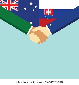 El apretón de manos y dos banderas son Australia y Eslovaquia. Ilustración vectorial de estilo plano.