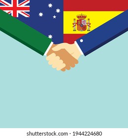 El apretón de manos y dos banderas son Australia y España. Ilustración vectorial de estilo plano.