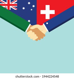 The handshake and two flags Australia and Switzerland. Flat style vector illustration.