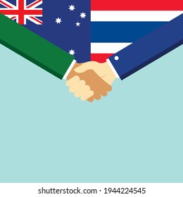 El apretón de manos y dos banderas son Australia y Tailandia. Ilustración vectorial de estilo plano.