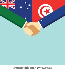 The handshake and two flags Australia and Tunisia. Flat style vector illustration.