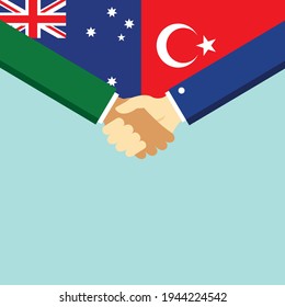 Der Handschlag und zwei Flaggen Australien und Türkei. Flache Vektorgrafik.