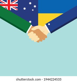 The handshake and two flags Australia and Ukraine. Flat style vector illustration.