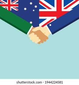 El apretón de manos y dos banderas: Australia y el Reino Unido. Ilustración vectorial de estilo plano.