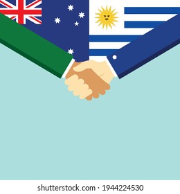 Der Handschlag und zwei Flaggen Australien und Uruguay. Flache Vektorgrafik.