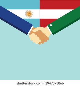 The handshake and two flags Austria and Argentina. Flat style vector illustration.