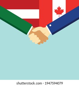 The handshake and two flags Austria and Canada. Flat style vector illustration.