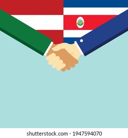 Der Handschlag und zwei Flaggen Österreich und Costa Rica. Flache Vektorgrafik.