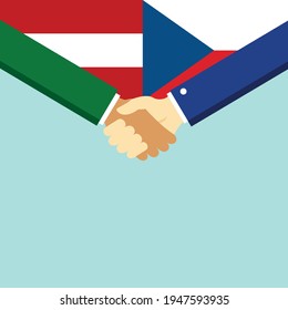 Der Handschlag und zwei Flaggen Österreich und Tschechische Republik. Flache Vektorgrafik.