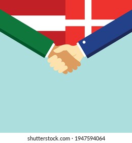 The handshake and two flags Austria and Denmark. Flat style vector illustration.