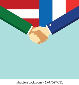 The handshake and two flags Austria and France. Flat style vector illustration.