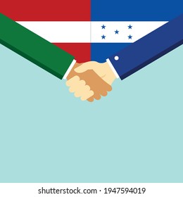 The handshake and two flags Austria and Honduras. Flat style vector illustration.