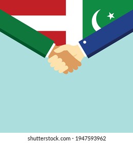 The handshake and two flags Austria and Pakistan. Flat style vector illustration.