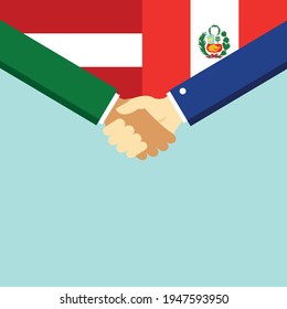 Der Handschlag und zwei Flaggen Österreich und Peru. Flache Vektorgrafik.