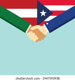 The handshake and two flags Austria and Puerto Rico. Flat style vector illustration.