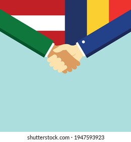 The handshake and two flags Austria and Romania. Flat style vector illustration.