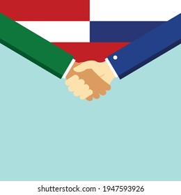 The handshake and two flags Austria and Russia. Flat style vector illustration.