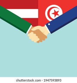 Der Handschlag und zwei Flaggen Österreich und Tunesien. Flache Vektorgrafik.