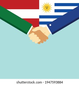 The handshake and two flags Austria and Uruguay. Flat style vector illustration.